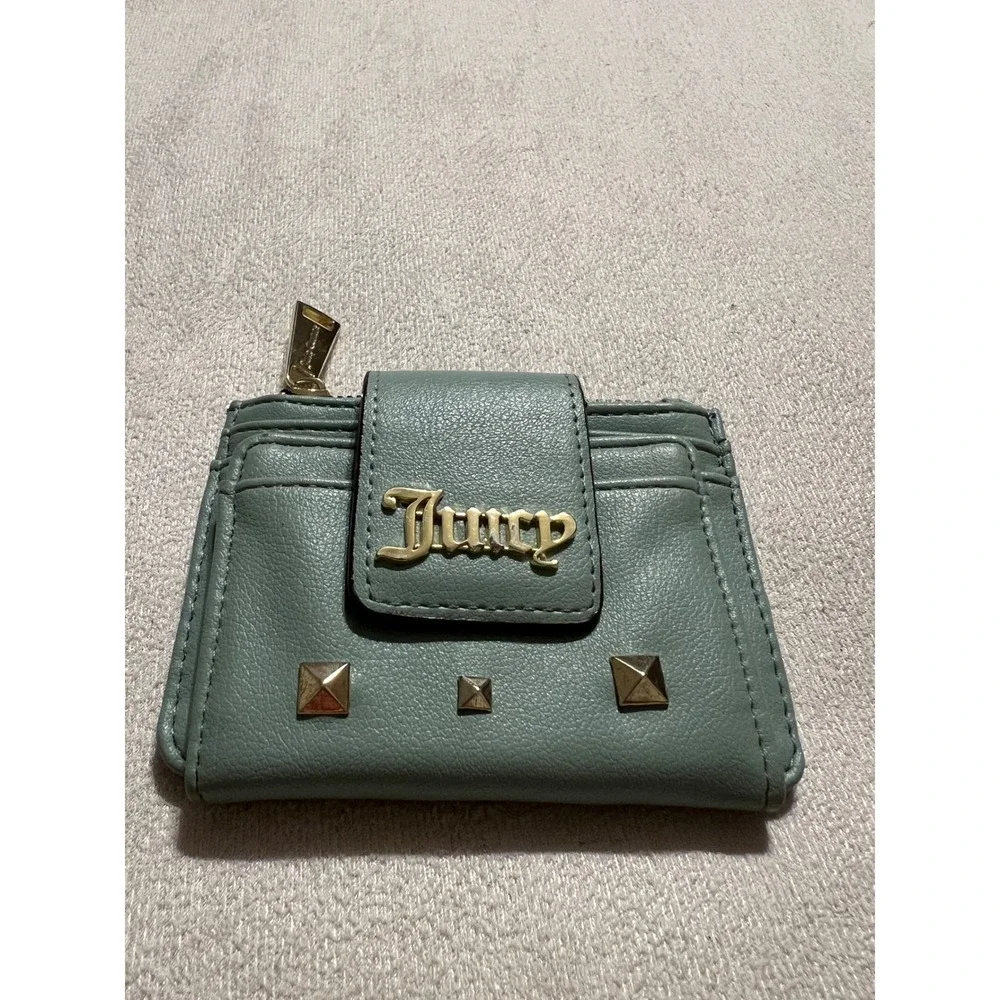 Juicy Couture Sage Green Card Holder Wallet Gold Studded ID Window Zip Pocket